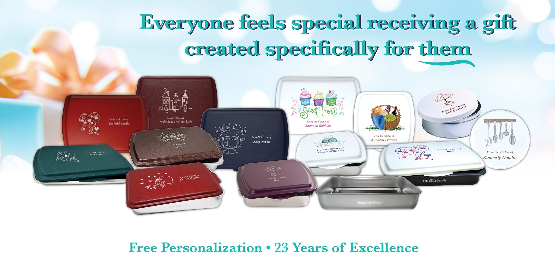 Collection of personalized cake pans, cookie tins and kitchen gifts, each engraved with a name or message.