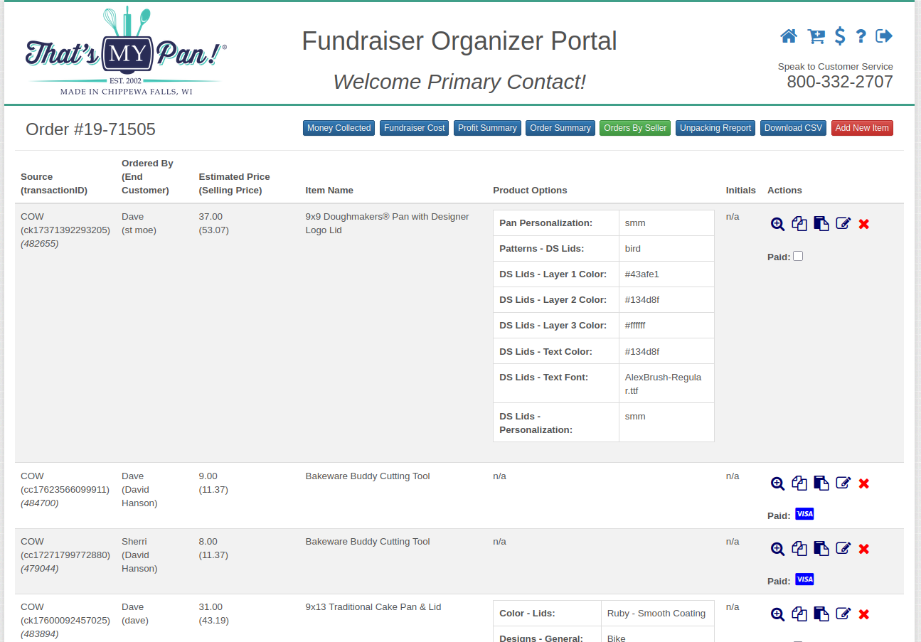 Order detail showing item options and pricing