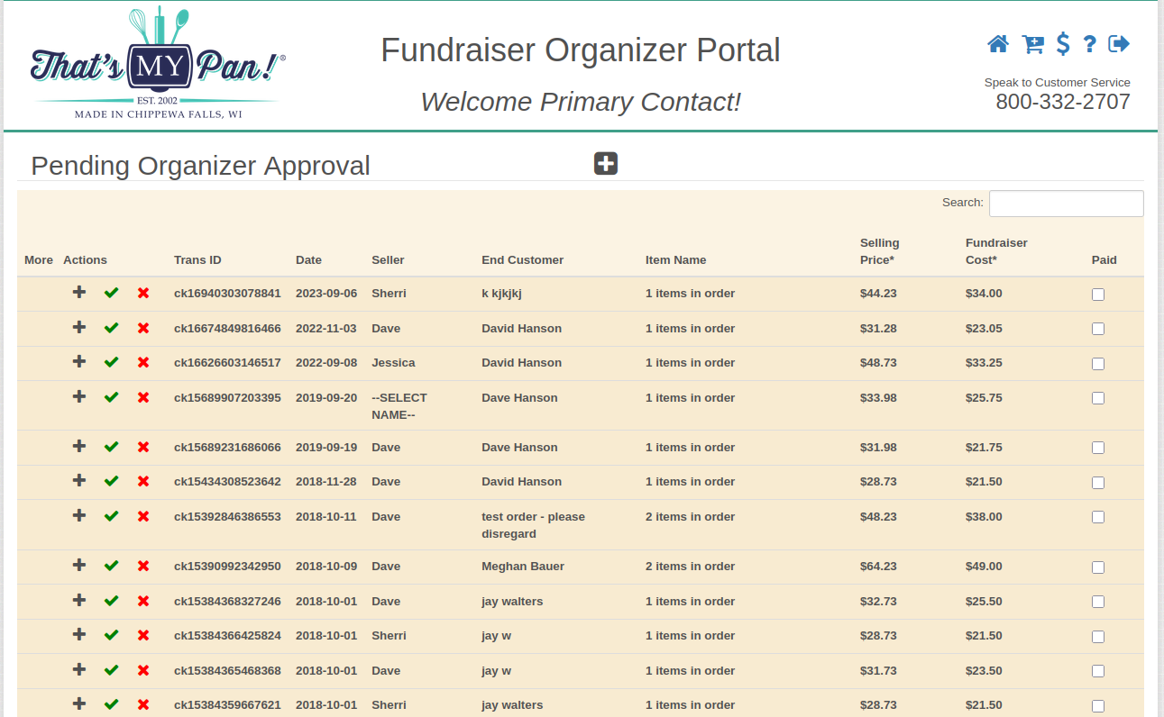 Pending organizer approval order list